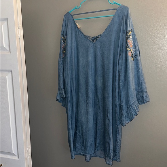 Flying Tomato Plus Size 1X Embroidered Boho Chambray Dress Lace Up Tassel - Picture 7 of 7